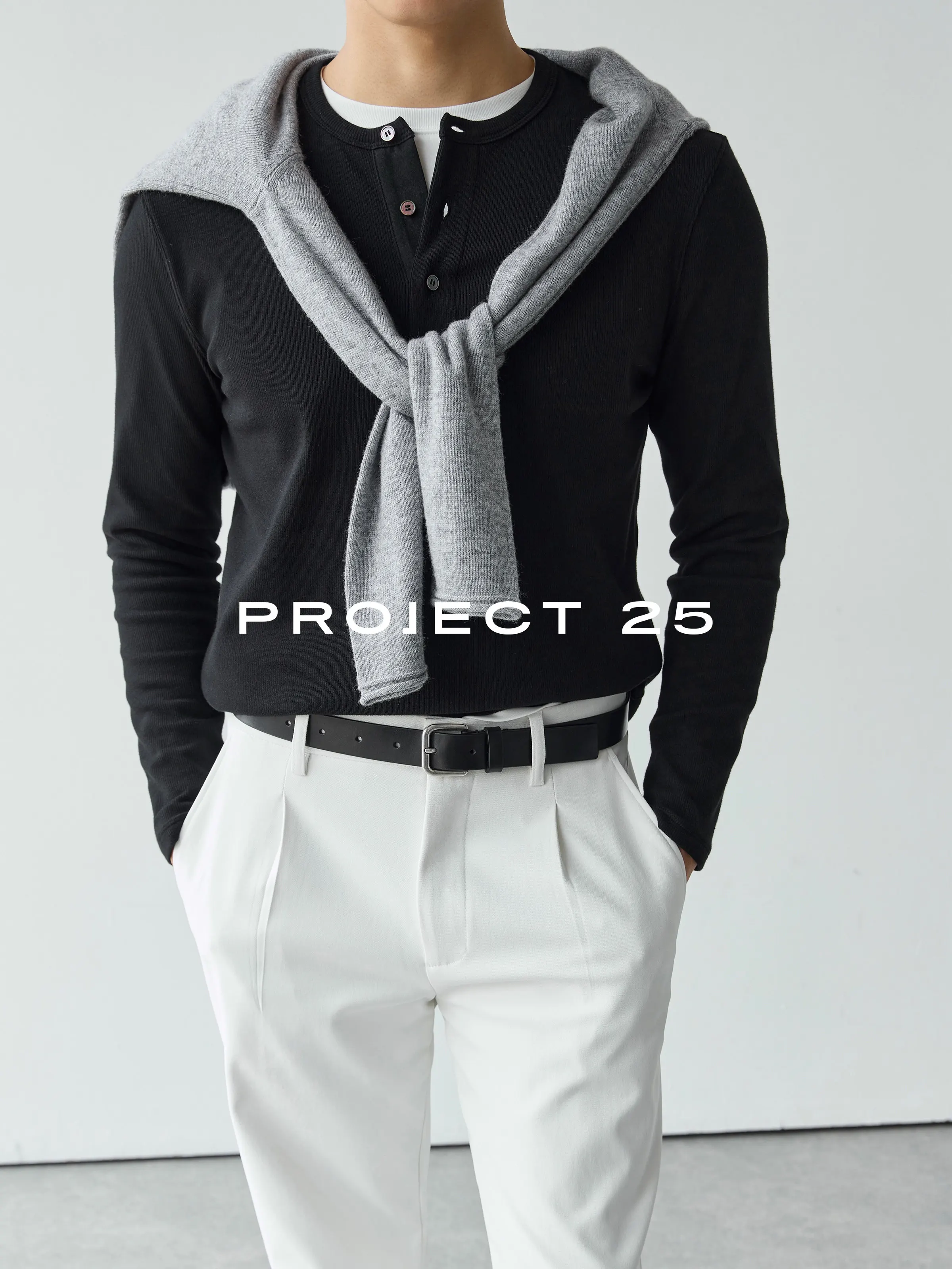 PROJECT 25 Men Ribbed Henley Neck Long Sleeve T‑Shirt Slim High Elastic Casual Commute Base Layer Tee Autumn Winter Tops
