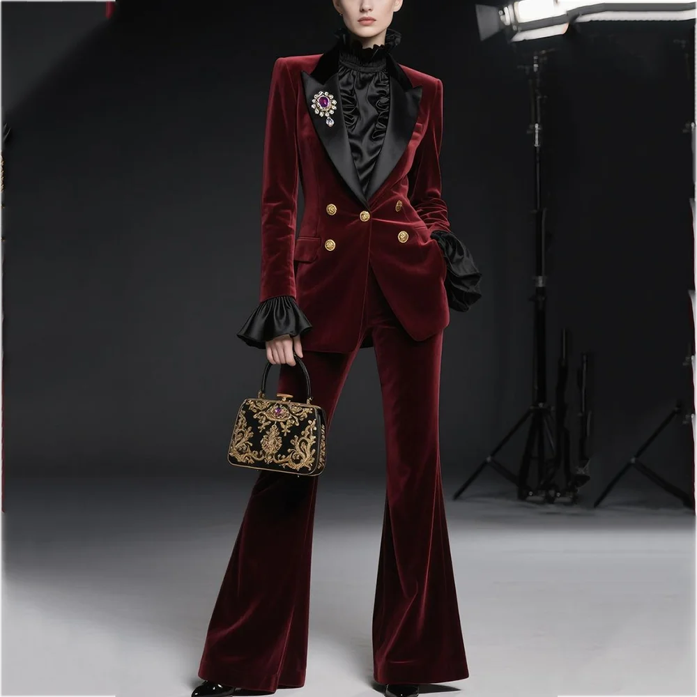 

Wine Red Women Suit Stylish Velvet Elegant Outfit Peaked Lapel Blazer Pants Evening Party Prom Female Clothing Two Pieces