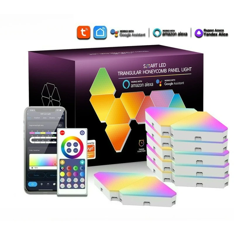 Lámpara de Pared Triangular LED RGB con WiFi Tuya, Control por Voz con Alexa y Google, Luz Ambiental para Juegos