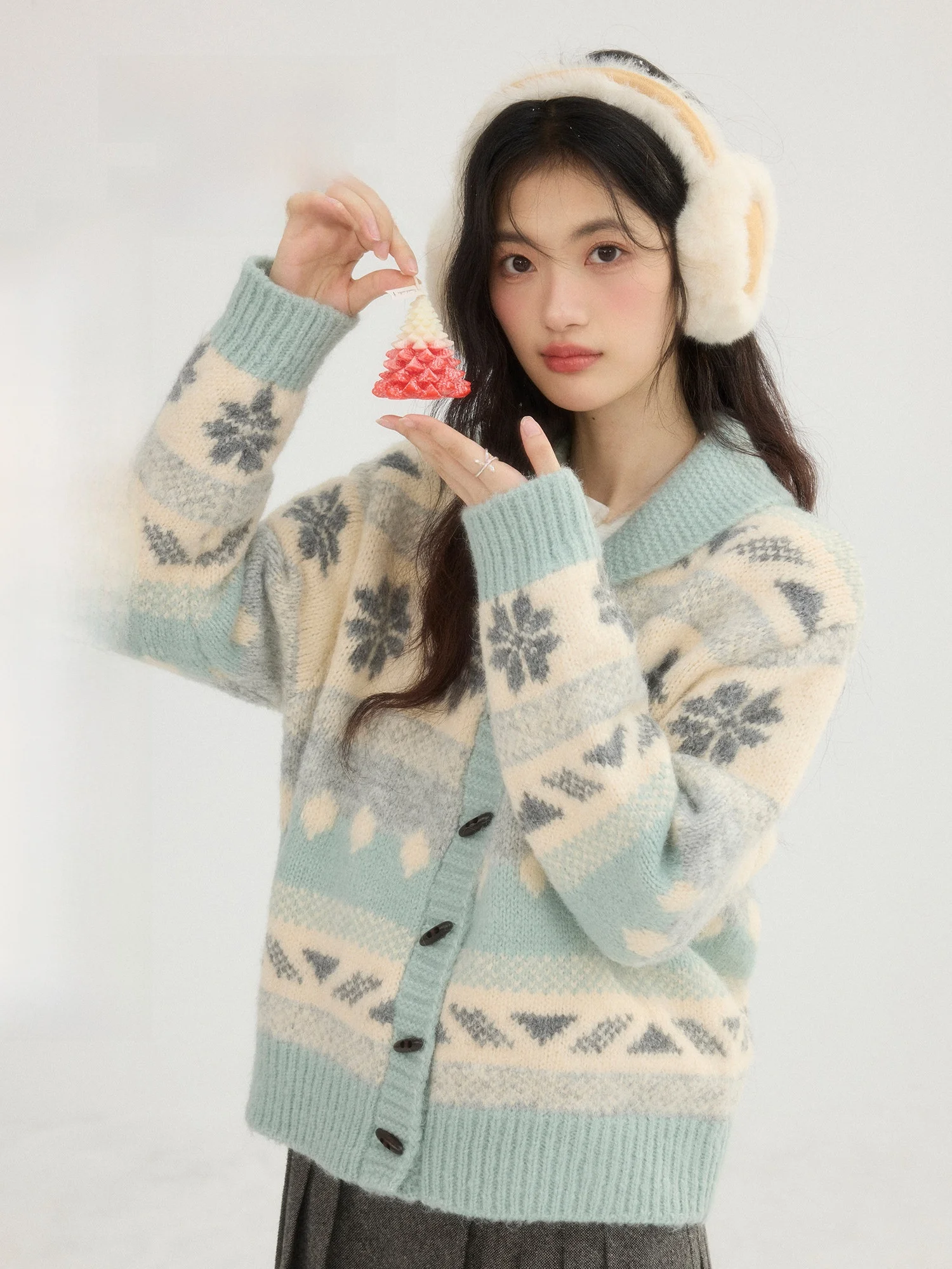 

ORWhite Blue Retro Button Cardigan Women's Winter Thiened Knitted Coat Turn-down Collar Long Sve round Ne Open Sle