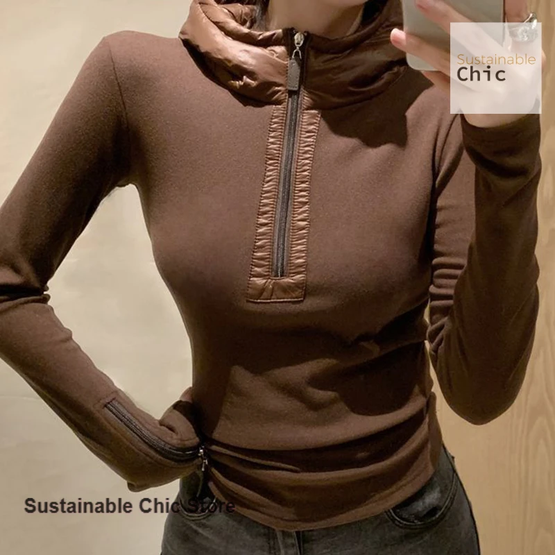 Korean style design sense niche half zipper hooded T-shirt women's autumn and winter fashion slim long sleeve bottoming shirt