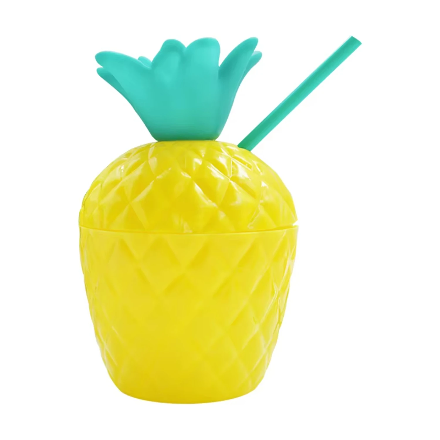 

615001 Plastic Tropical Fruit Shape Pineapple Drink Cups With Green Straws Hawaiian Summer Beach Party Birthday Decorations