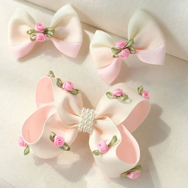 3Pcs Ribbon Bowknot Hair Clips Girls Silk Rose Flower Hairpins Boutique Korean Hair Accessories Kids Barrettes Headwear