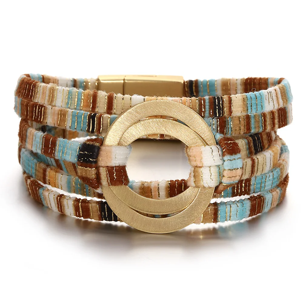 ALLYES Boho Double Circle Colorful Leather Bracelet for Women Vintage Chic Multilayer Wrap Bracelets Bangles Fall Winter Jewelry