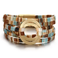 ALLYES Boho Double Circle Colorful Leather Bracelet for Women Vintage Chic Multilayer Wrap Bracelets Bangles Fall Winter Jewelry