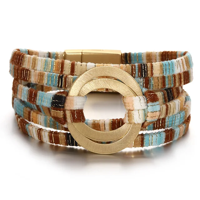 ALLYES Boho podwójne kółko kolorowa skórzana bransoletka dla kobiet Vintage Chic wielowarstwowe bransoletki Wrap bransoletki biżuteria jesienno-zimowa