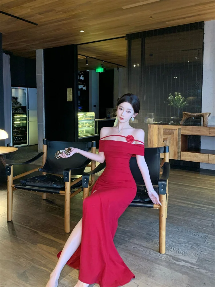 فستان مثير للحفلات على شاطئ البحر بدون حمالات على شكل زهرة للنساء أنيق بخصر نحيف وفتحة مكشوفة الأكتاف فستان أنيق برقبة مائلة باللون الأحمر #1