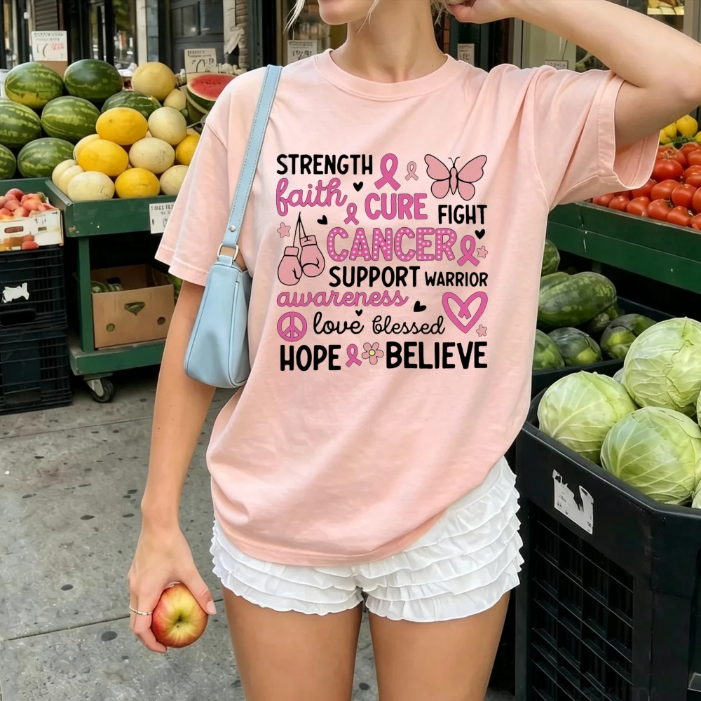 Strength Faith Cure Fight Cancer Pink Ribbon Butterfly T Shirt Women Breast Cancer Awareness Warrior Support Graphic Tee Tops
