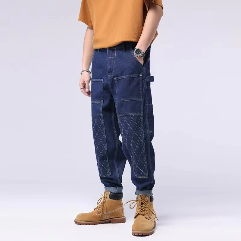 EH·MD® Pyramid Bag Drill Jeans Men's Cross Stitch Embroidery Splicing Cotton High Elastic Slim Trousers Pleat 3D High Street 023