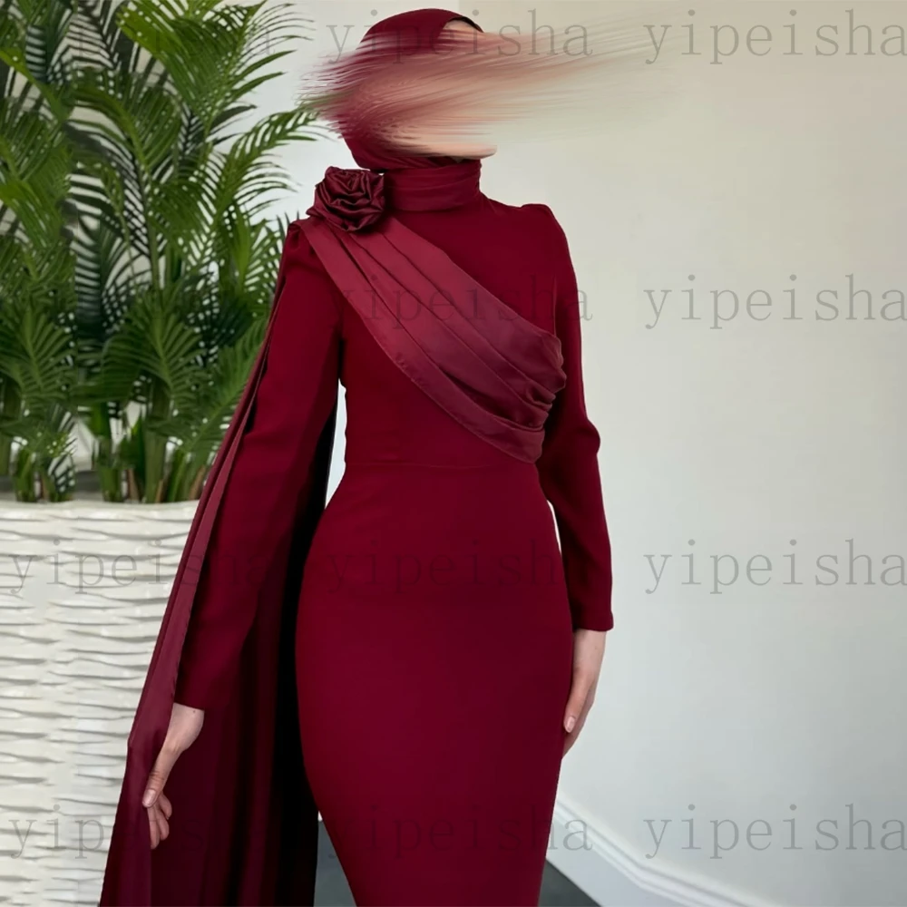 فساتين سهرة مخصصة برقبة عالية وأكمام طويلة وطيات فستان حفلات حورية البحر بسيط بطول الأرض فستان سعودي للنساء المسلمات