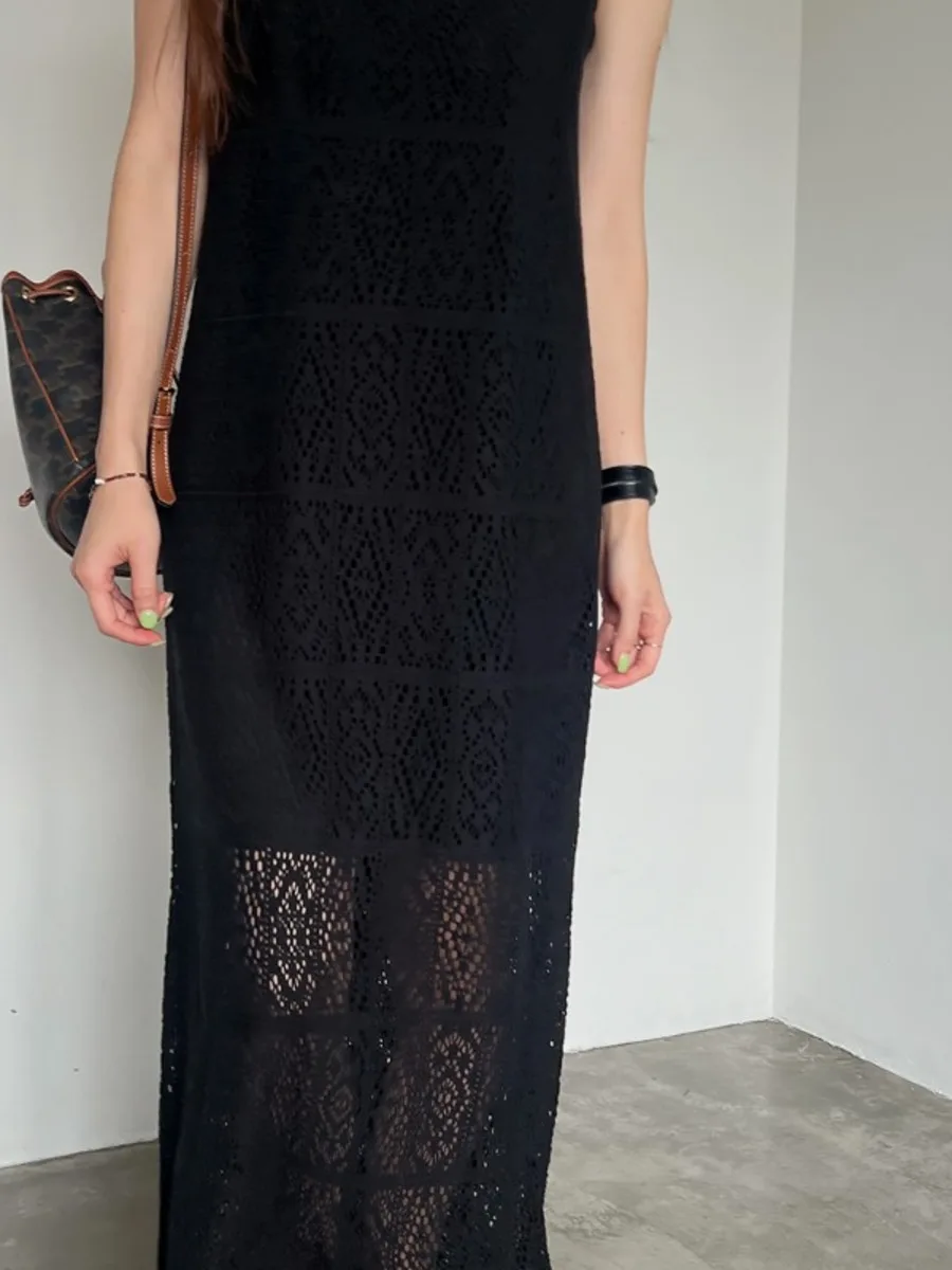 

Ele Hollow out Lace Vest Dr Women's Summer New Sle Vintage Square Collar Loose Long Skirt Faionable Svel Gown