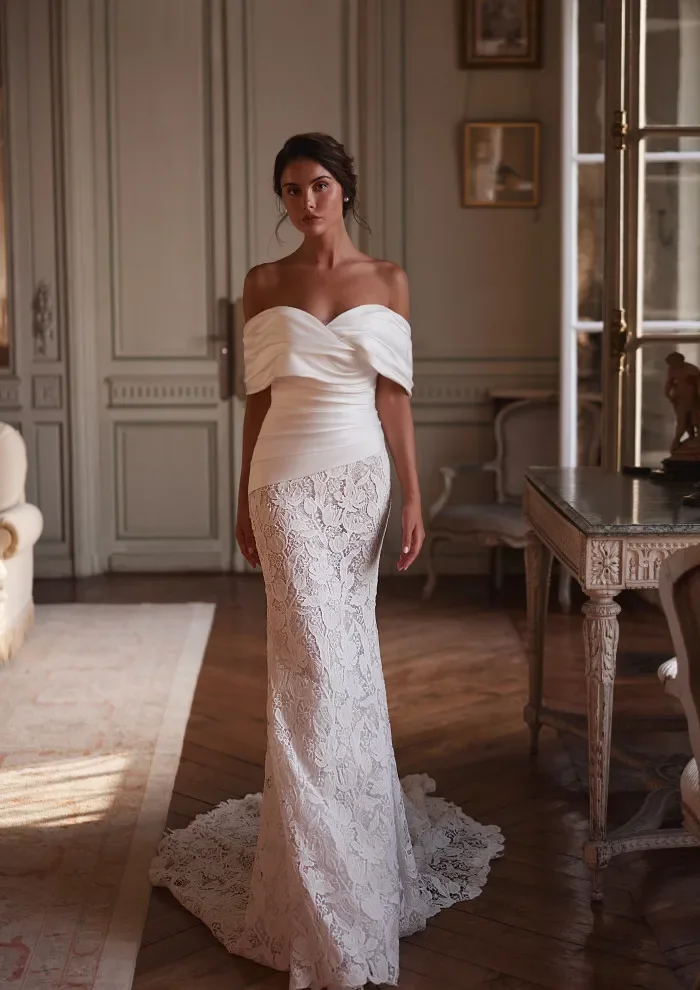 

Flavinke Customized Luxury Elegant Off The Shoulder Sweetheart Lace mermaid Wedding dresses Boho Bridal Dresses Off Shoulder