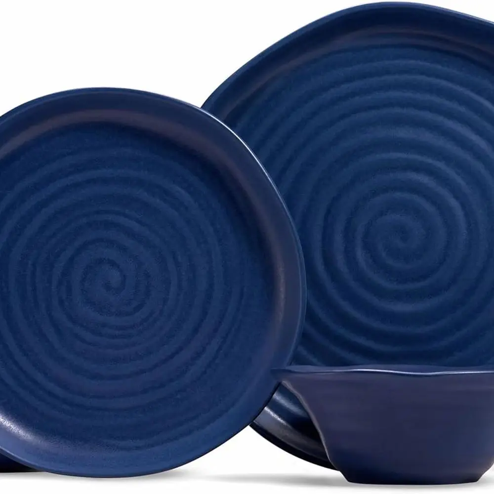 

Ceramic Dinnerware Set, Service for 4 (12-Piece) Plates & Bowls, Microwave & Dishwasher Safe, Organic Shape, Navy Blue Spiral