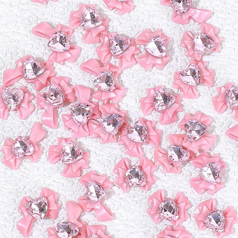 Diy Nail Art Shiny Heart Inlay 40pcs Pink Bow 3d Nail Charms for Diy Craft Project Jewelry Accessories Phone Case Ornaments