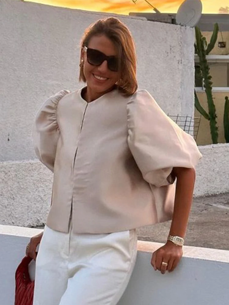 Puffärmel Elegante Damen-Satinbluse O-Ausschnitt Kurzes Einfarbiges Loses Hemd 2026 Sommer Damen Allzweck-Party-Mode-Oberteil