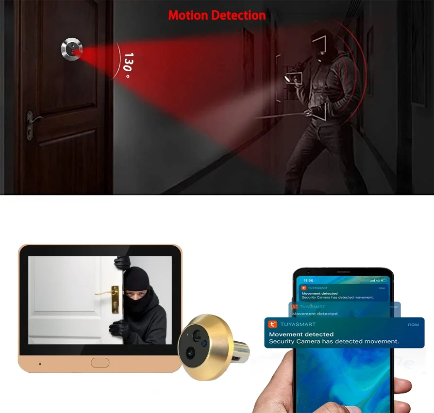 Tuya Smart Wireless 2.4G Wifi Low Power Digital Door Peepholes with Camera 1080P Door Viewer  Works with Alexa Gold Color