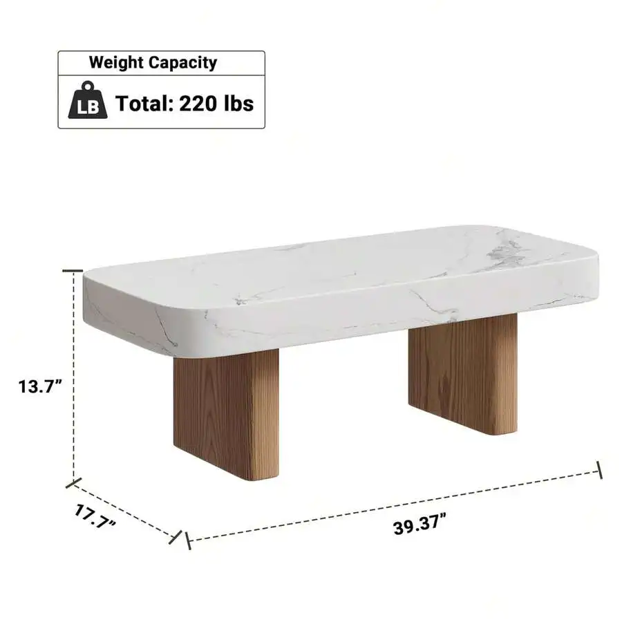 

ZKIODV White Marble Finish Coffee Table For Living Room – 39" Low Profile Rectangular Center Table With Rounded Corners |