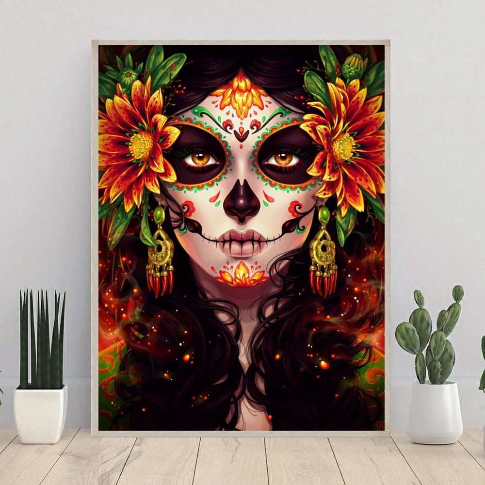 Fairy Dust AB La Calavera Catrina 5D DIY Diamond Painting Flowers Skull Woman Mosaic Embroidery Rhinestones Halloween Gift