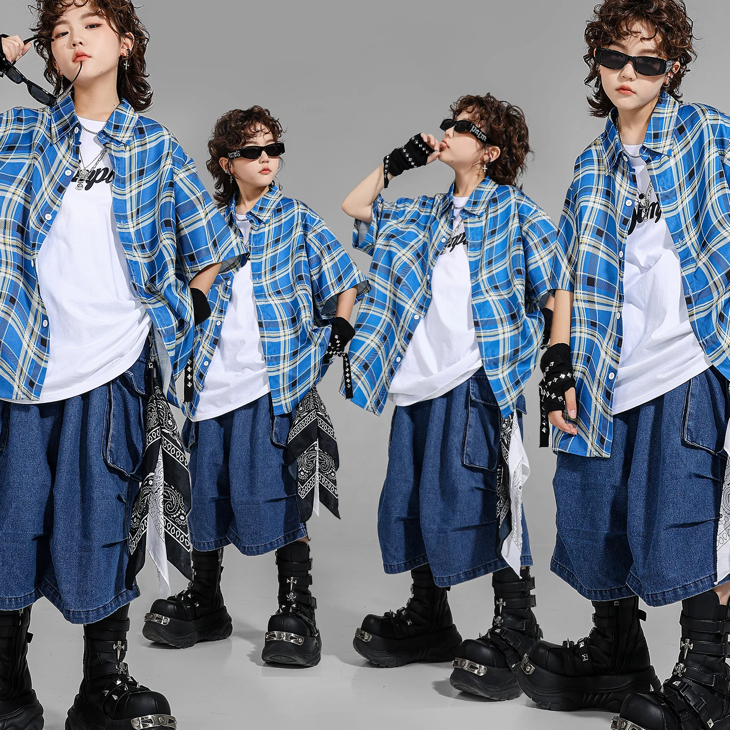 

Boys Hip Hop Blue Plaid Shirt Street Dance Loose Pants Girls Sweet K-pop Blouse Children Streetwear Kid Jazz Costume Clothes Set