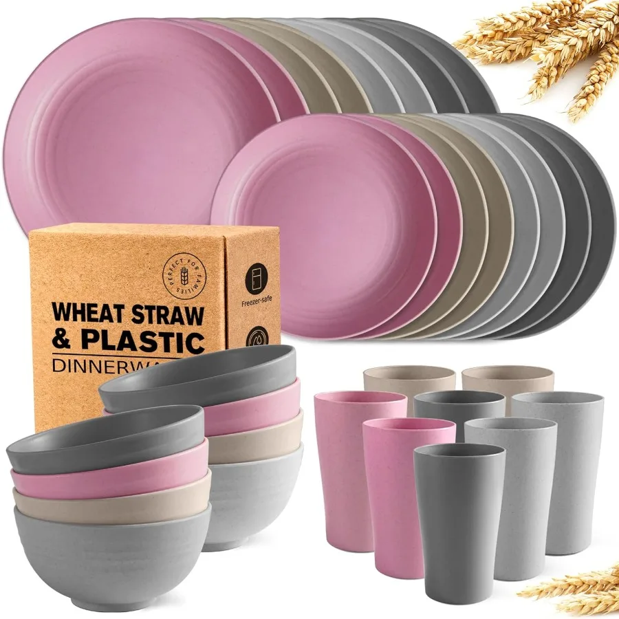 Teivio 32-Piece Kitchen Plastic Wheat Straw Dinnerware Set Service for 8 Dinner Plates Dessert Plate Cereal Bowls Cups Unbreaka