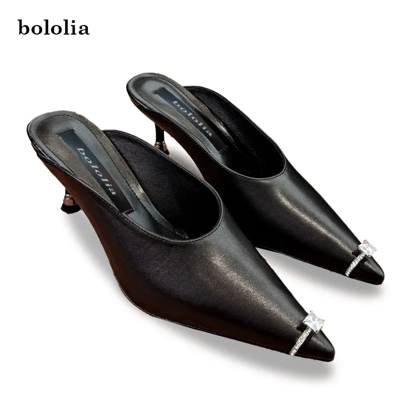

BOLOLIA High Quality Pointed-Toes Crystal Ring Solid Slip-on Zapatos Mujer Genuine Leather Thin Heels Shallow Woman Sandals