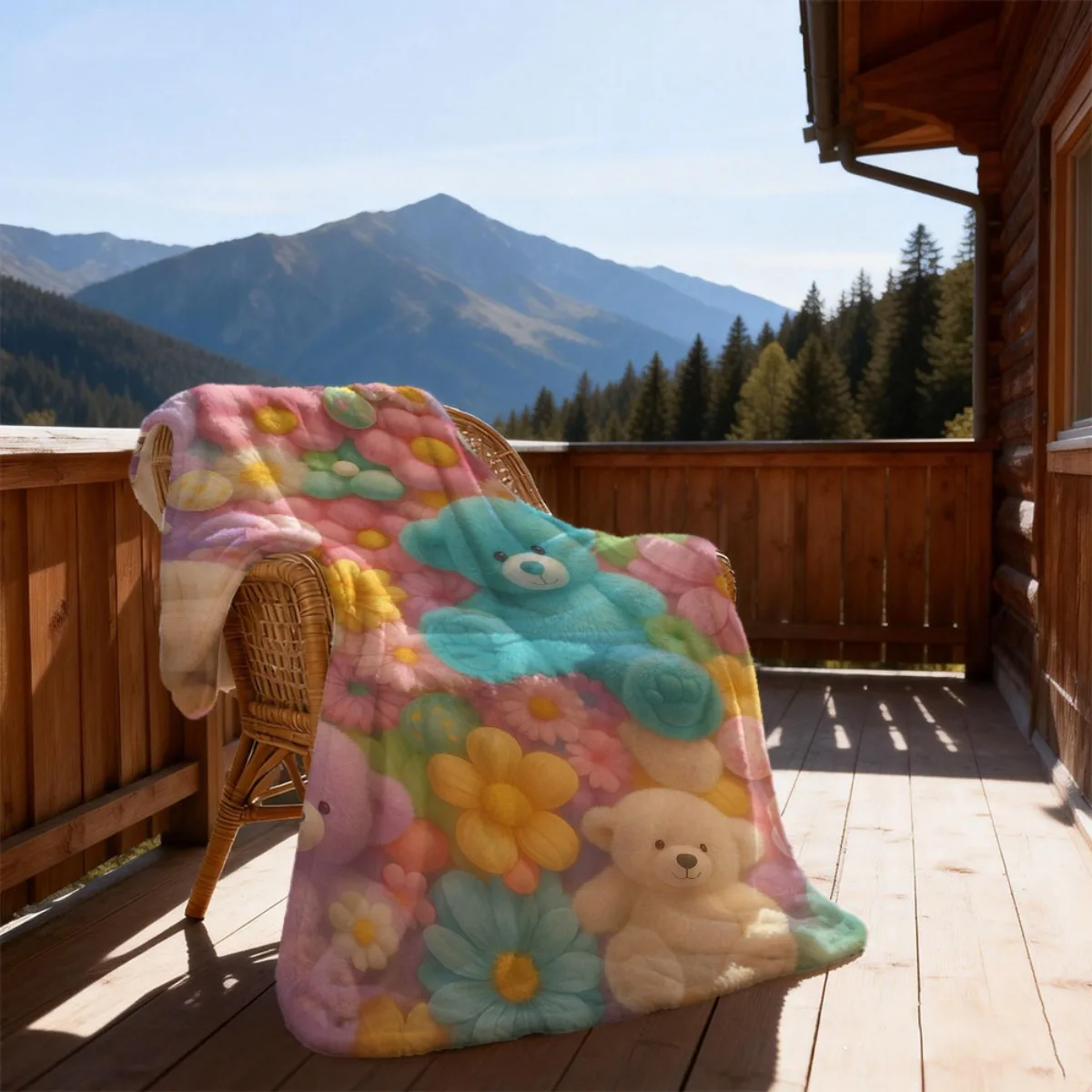 3D Cartoon Teddy Bear And Floral Print Plush Throw Blanket, Soft Warm And Lightweight, For Napping Travel And Office Decor, 1pc,