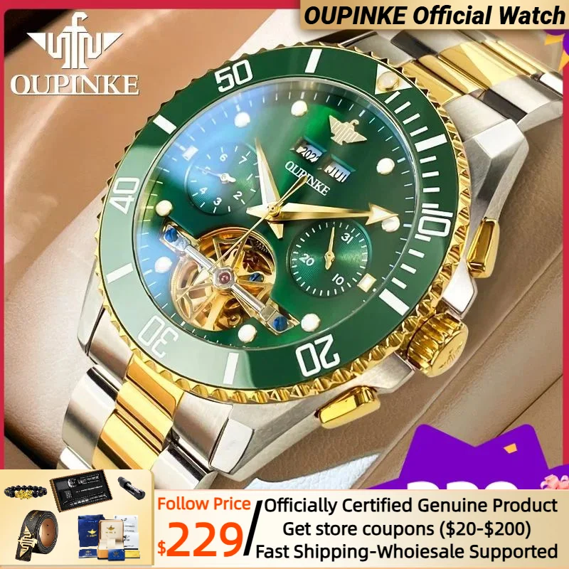 

OUPINKE Diving Mechanical Watch for Men TOP Brand Skeleton Waterproof Sapphire Luminous Date Business Automatic Men's Watch