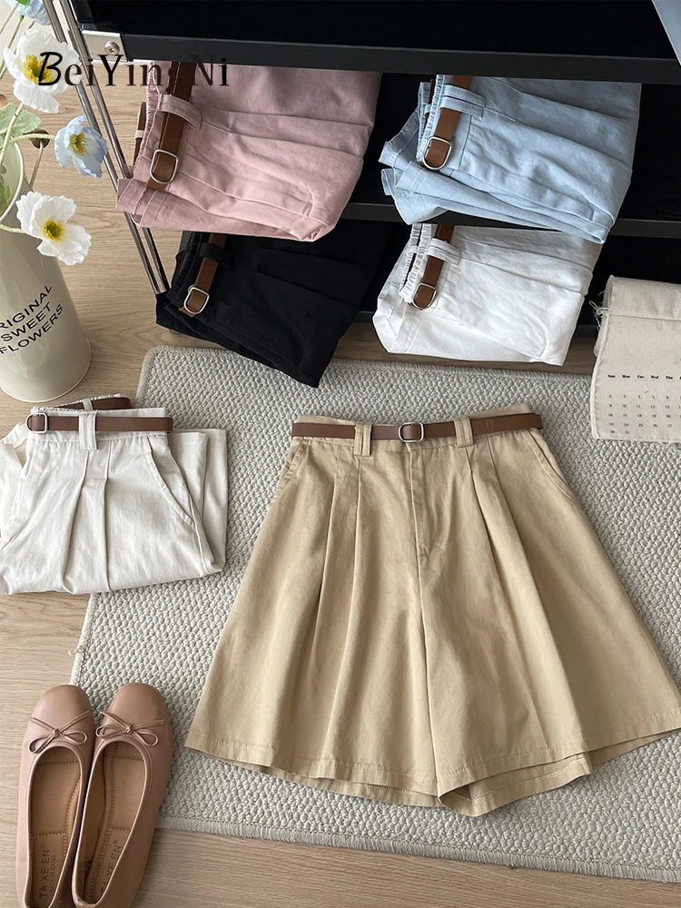 Beiyingni 2025 Summer Korean Women's Shorts With Belt Casual Chic Washed Cotton Wide Leg Short Pants Female Streetwear Clothes