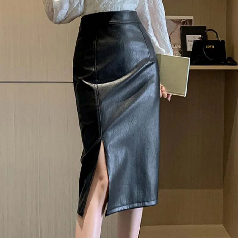 

Seoulish Vintage Front Split PU Leather Sheath Women's Wrap Skirts Autumn Winter High Waist Pencil Office Skirts Female 2025 New