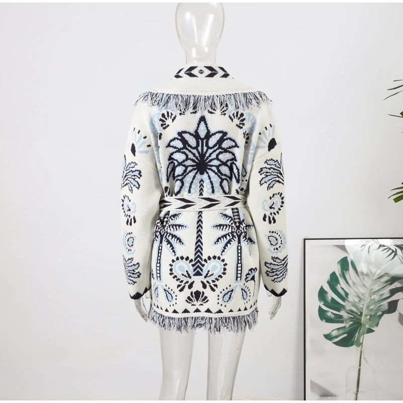 Knitted Jacquard Tassels Patchwork Cardigans Women Sweaters Long Sleeve V-neck Thicken Vacation Sweater 2025 Autumn Coats Tops