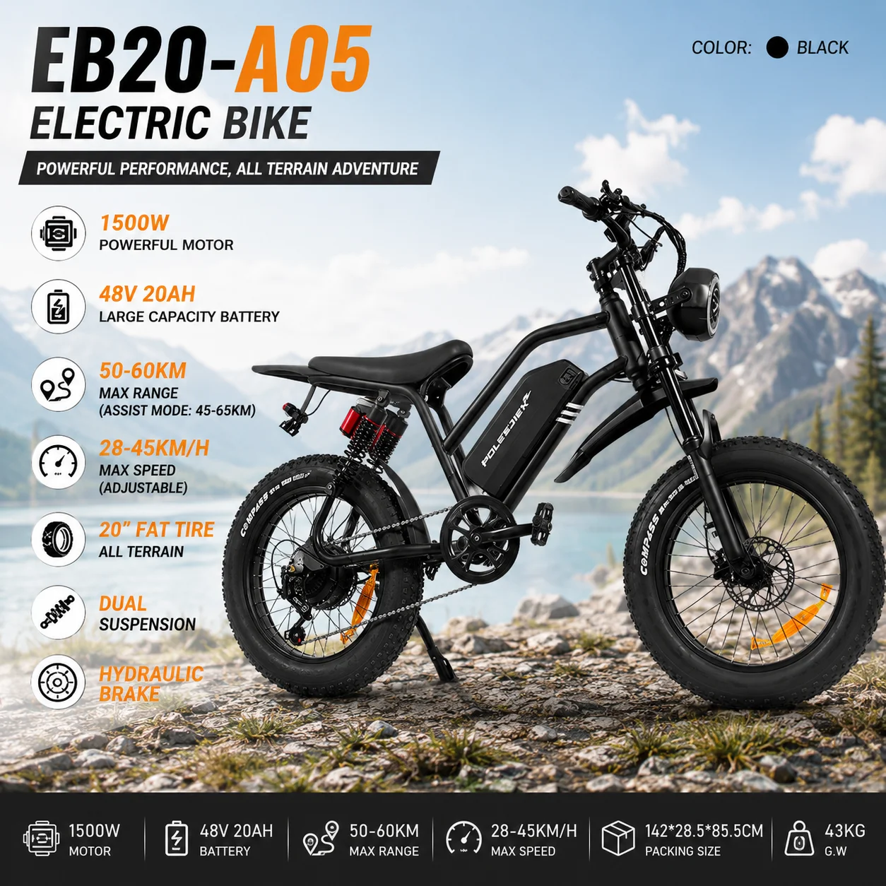 

EB20-A05 E-Bike 1500W Electric Bike for Adults 20” Fat Tire E-Bike 48V20Ah Long Range Dual Suspension City & Off-Road Riding