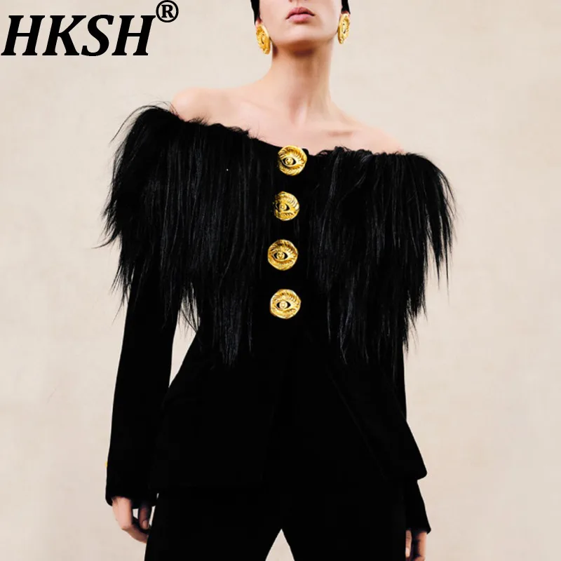 HKSH Primavera Autunno Nuove donne Blazer con spalle scoperte monopetto abbottonato patchwork pelliccia sintetica Slim Fit cappotto sexy di fascia alta HK13811