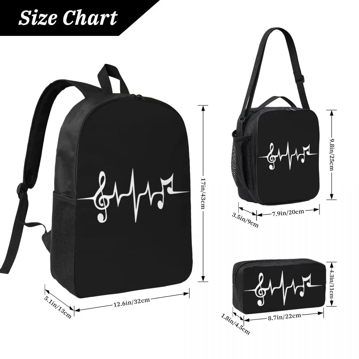 Music Pulse, Notes, Clef, Frequency, Wave, Sound, Dance Backpack Student BookBag School Bag 3ps Insulated Lunch Bag Pencil Case