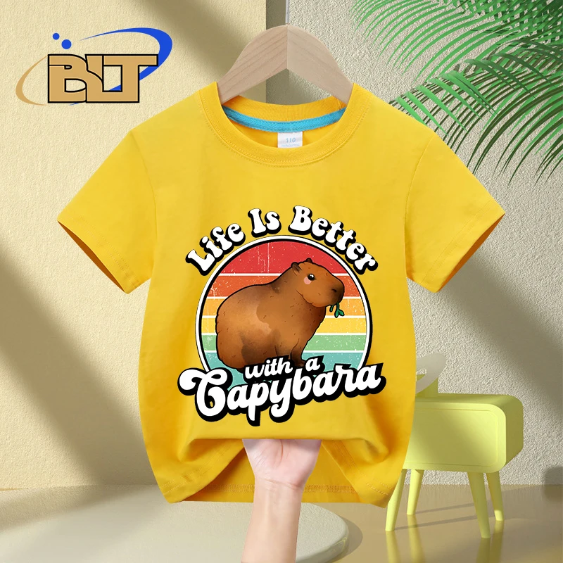 Life is better with a capybara cartoon print kids T-shirt summer children's cotton short-sleeved casual tops for boys and girls