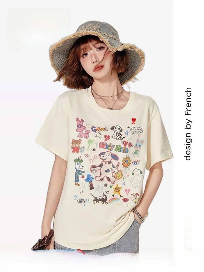 

AM I KMKM Summer Casual Loose round Ne ort Sve T-irt Women's Printed Comfortable Leisure Top in Milk Apricot Color
