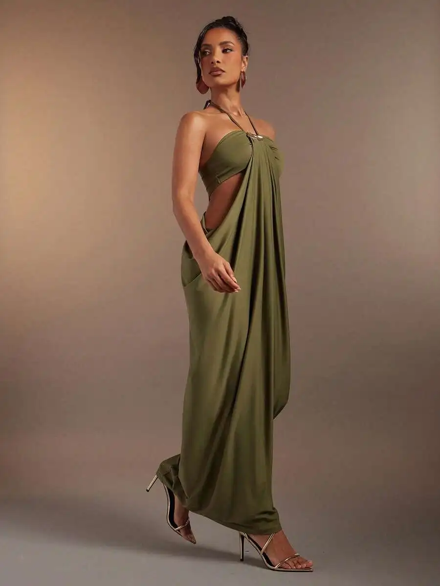 Olive Green Bandeau Cut Out Maxi Dress