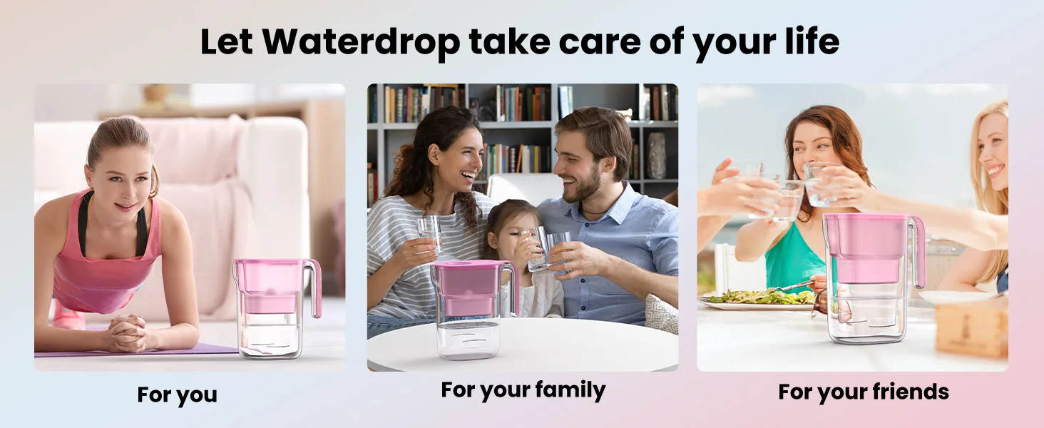 Waterdrop PT-05 Water Filter Pitcher, 7-Cup Capacity, NSF Certified, Pink | 5X Longer Filter Life, Up to 200 Gallons, for Fridge, Countertop, and Gift Giving, Reduces PFOA/PFOS, Chlorine