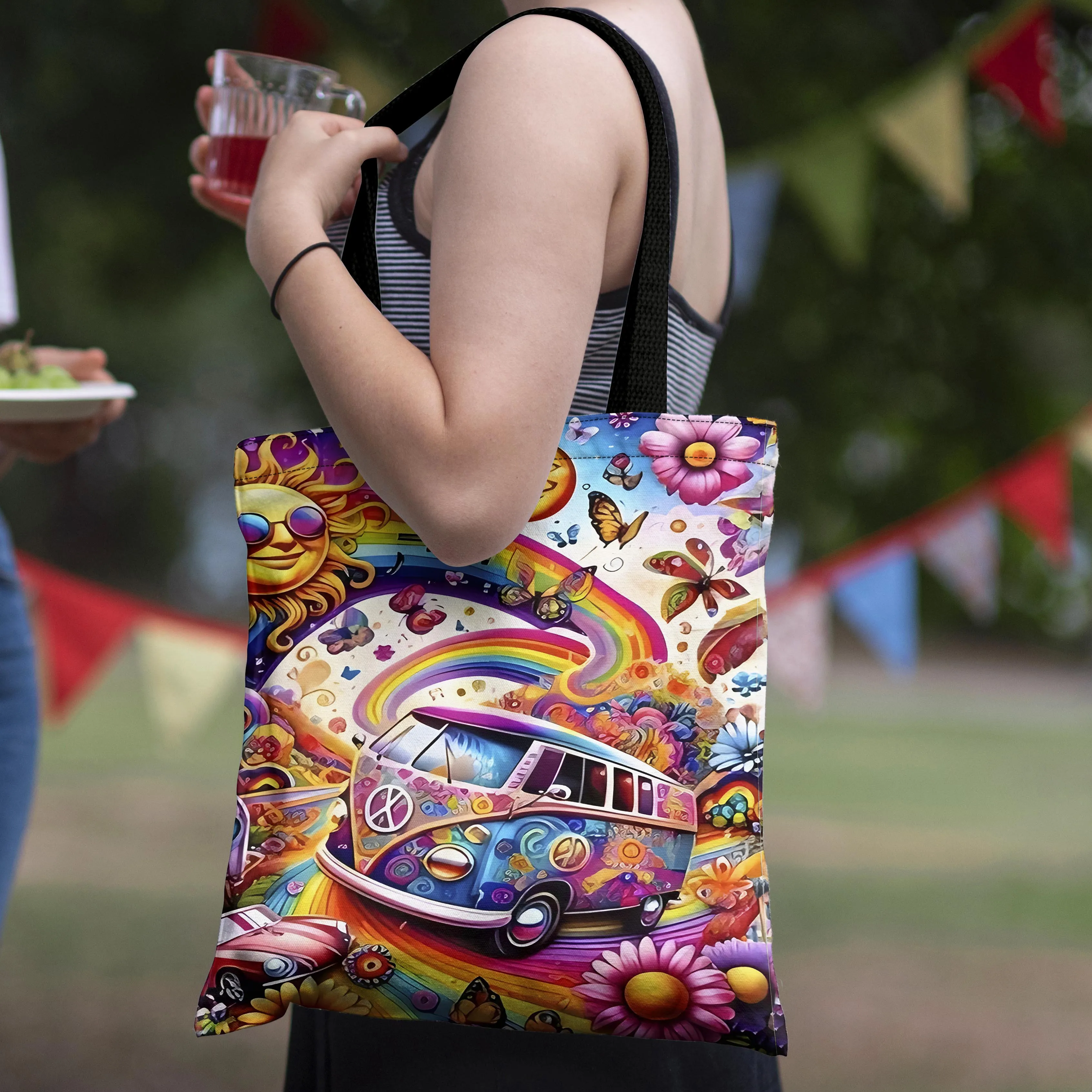1pc Colorful Rainbow Bus Tote Bag with Sun, Moon Flowers & Butterflies Lightweight Shopping Bag for Women Shopping Shoulder Bag