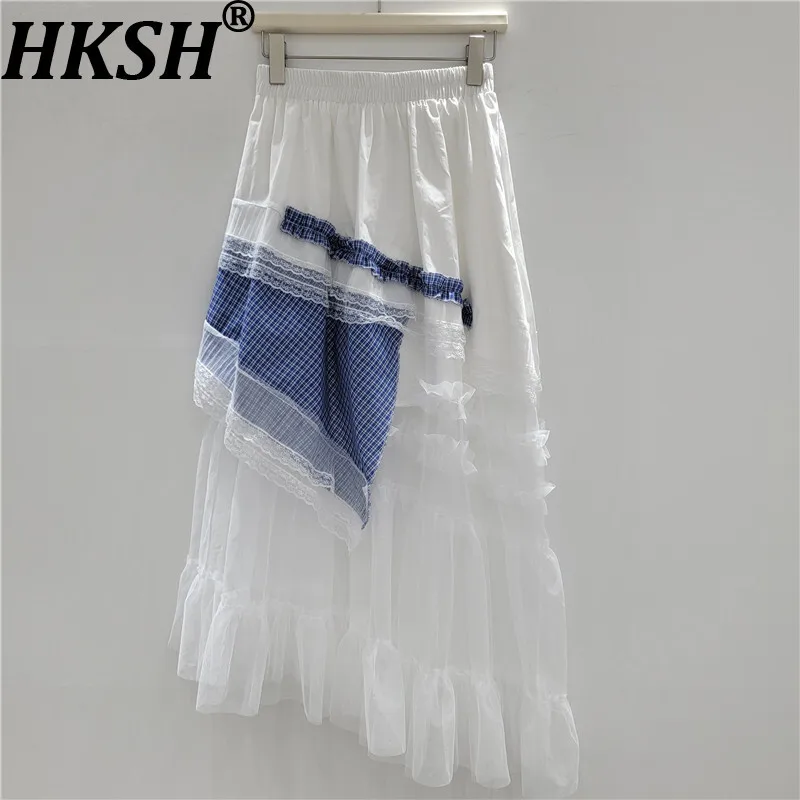 

HKSH Autumn New Women Skirt Elastic Waisted Lace Patchwork Contrast Color Pleated Sweet Elegant Trendy High Street Skirts HK9500