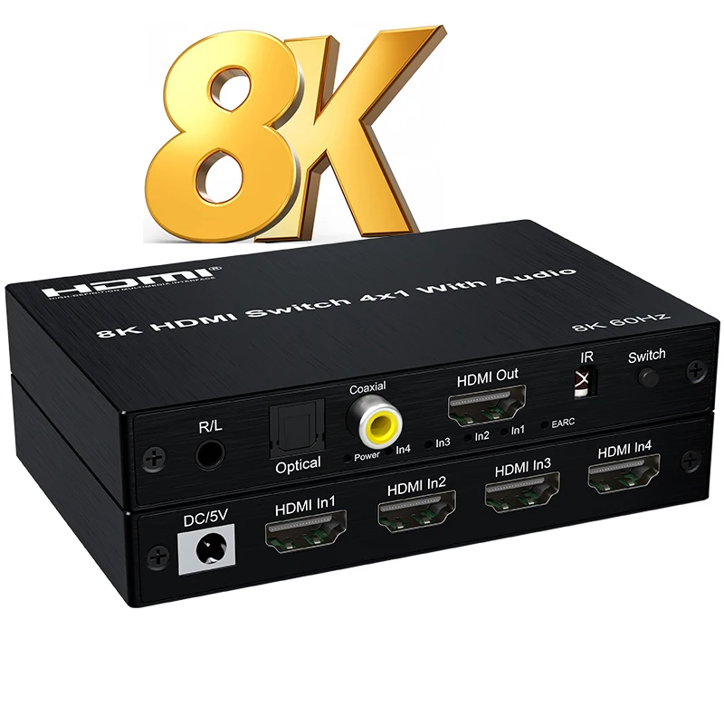 

8K 4x1 HDMI Switch with ARC Audio Extractor 8K 60Hz 4K 120Hz 48Gbp HDMI Switcher with 3.5mm/SPDIF Optical/Coaxial Audio Out HDR