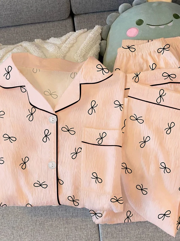 Casual Style Long Sleeve Sleepwear Set for Women  Knot Print Comfortable Loose Fit Home Clothes Spring Autumn New Ar...