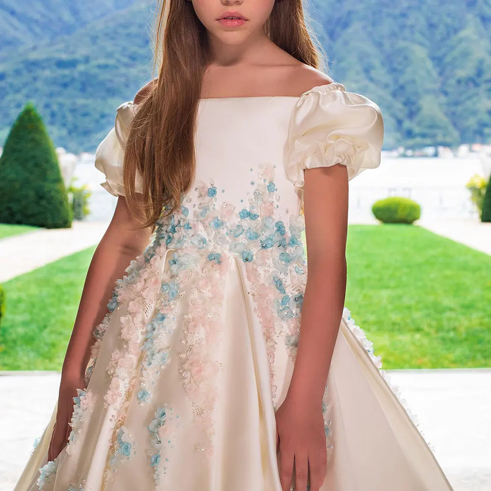 Jill Wish J295 Luxury White Girl Dress Handmade Flowers Satin Princess Dubai Kids Wedding Birthday Communion Party Pageant Gown
