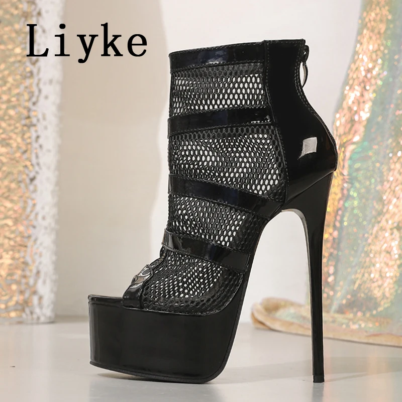 Liyke Black Sexy Hollow Out Mesh Women Platform Boots Thick Bottom Peep Toe Super High Heels Party Strip Pole Dance Shoe Booties