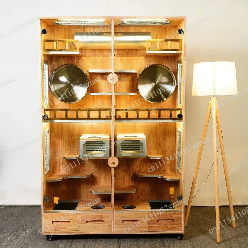 Solid Wood Oak Chinchilla Villa Cabinet Cage, with Aluminum Alloy Ice Nest Cooling and Pet Cage