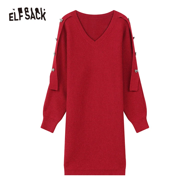 ELFSACK Gyaru Christmas Party Dress For Women 2023 Winter New Plus Size Luxury Knitting Dresses