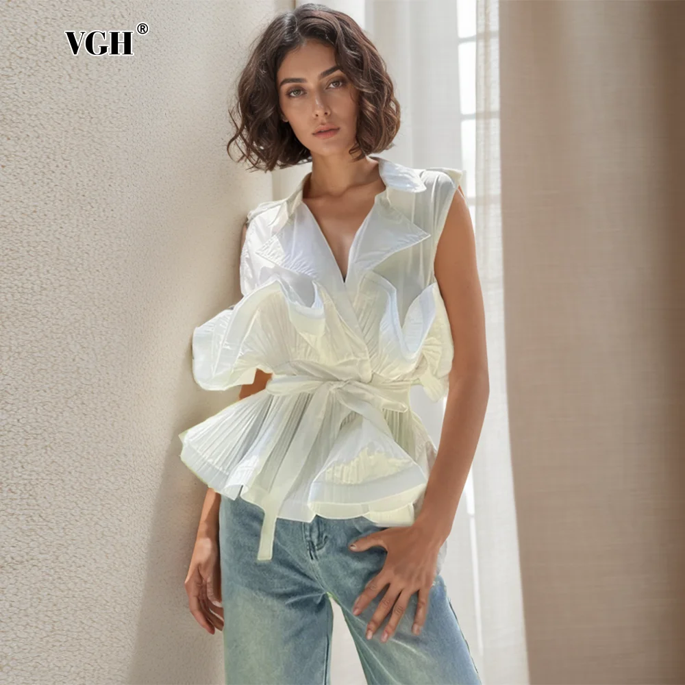 VGH Patchwork Ruffles Elegant Blouse For Women Lapel Sleeveless Tunic Temperament Spliced Belt Sliiming Shirt Female Fashion New