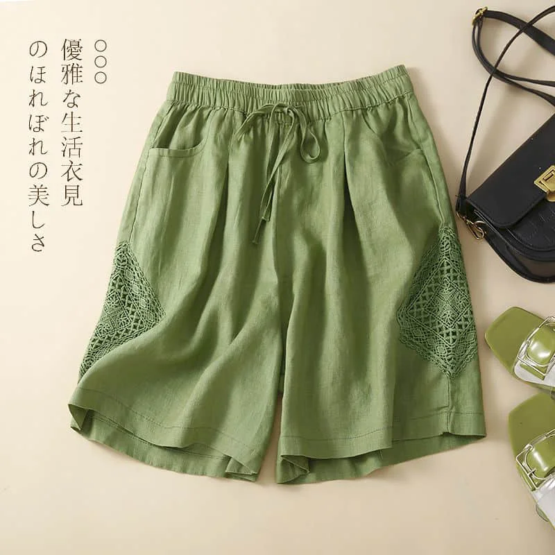 Shorts de linho algodão casual feminino, calça reta curta estilo coreano, cintura elástica, calças de cinco pontos, roupas de verão