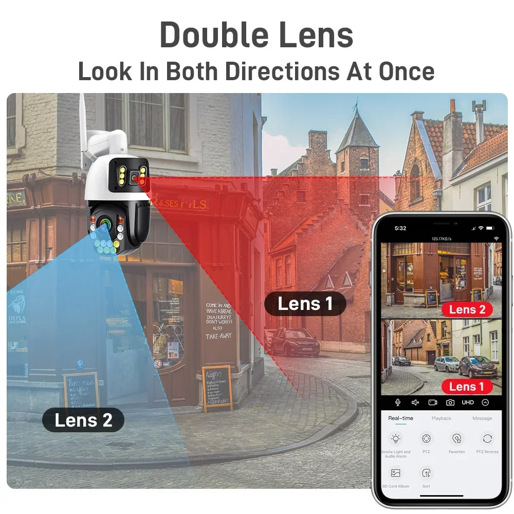 8MP Dual Screen Dual Lens Wifi Surveillance Camera 50X Zoom Auto Tracking Color Night Vision Outdoor PTZ Security Camera Icsee