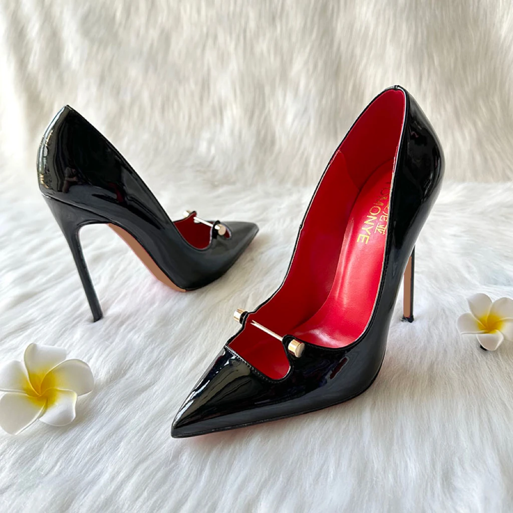 Free Shipping Black White Red Patent Leather Shallow Metal Hollow Out Open Toed Women Lady Hot Sale 120mm High Heel Shoes Pump