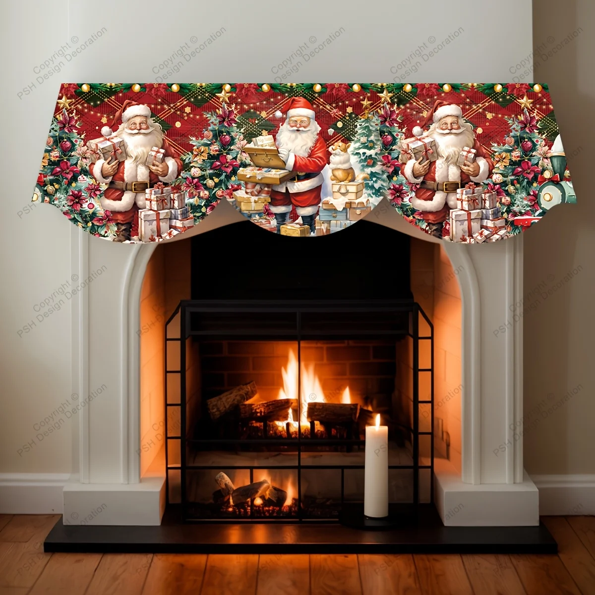 VIKAMA Christmas Fireplace Mantel Scarf Red Santa Gift Floral Mantel Topper Xmas Fireplace Shelf Cover Holiday Home Indoor Decor